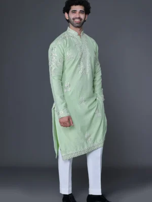 Pista green leather embroidery kurta set