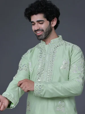 Pista green leather embroidery kurta set