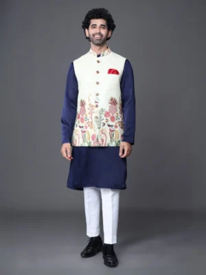 Mens Blue Kurta with White Printed Jacket