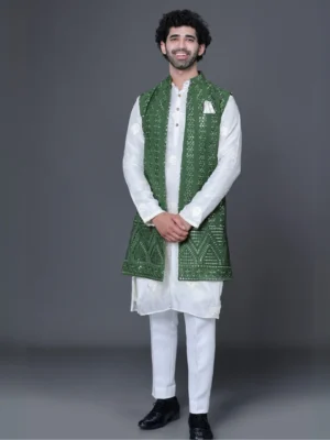 White Kurta With long Green Jacket