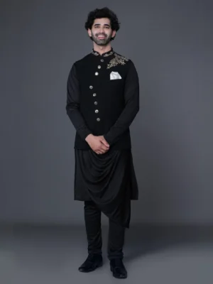 Black Kurta with Handcrafted Design Jacket