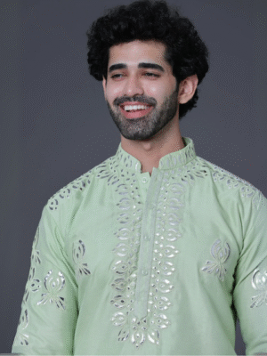 Pista green leather embroidery kurta set