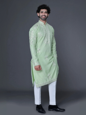 Pista green leather embroidery kurta set