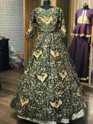 Emerald Green Embroidered Anarkali Gown with Layered Lehenga