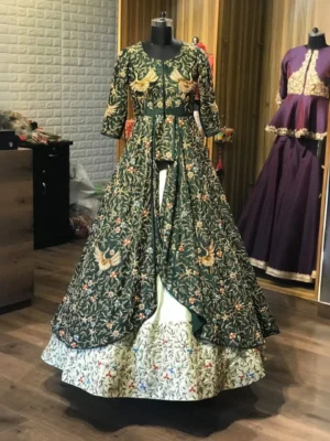 Emerald Green Embroidered Anarkali Gown with Layered Lehenga