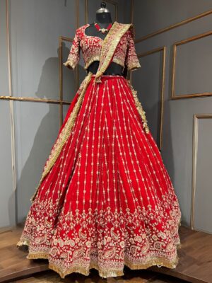Red pearl work Embrodiary lehenga